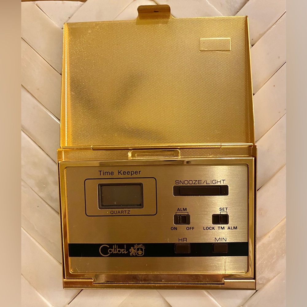 VTG Colibri Time Keeper Travel Clock Case Japan Monogrammed Marble Pattern Gold